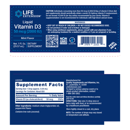 Life Extension Liquid Vitamin D3 50 mcg Mint 1 Fl. Oz. Supplement Facts