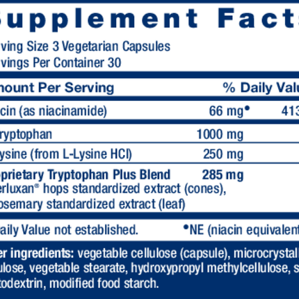 Life Extension Optimized Tryptophan Plus 90 vcaps Supplement Facts