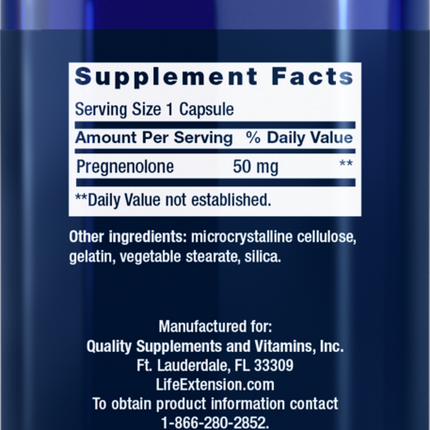 Life Extension Pregnenolone 50mg 100 caps Supplement Facts