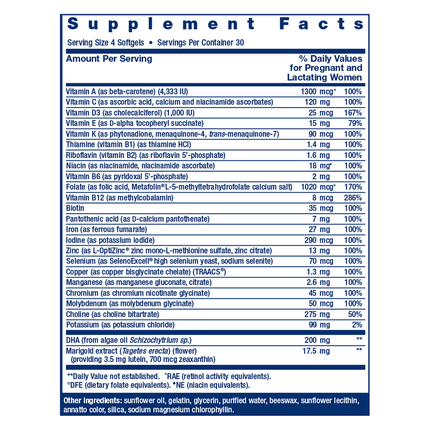 Life Extension Women's Health Prenatal Advantage 120 softgels Supplement Facts