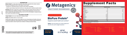 Metagenics BioPure Protein Powder - 15 servings Supplement Facts 