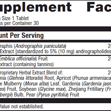 Metagenics Andrographis Plus 30 T Supplement Facts 