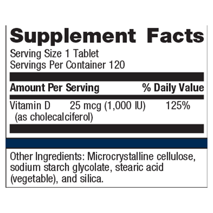 Metagenics D3 1000 120 T Supplement Facts