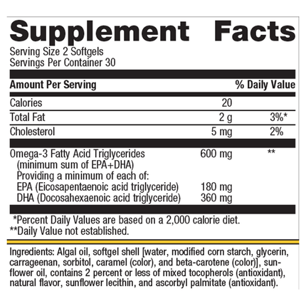 Metagenics OmegaGenics EPA-DHA Algae 60 SG Supplement Facts 