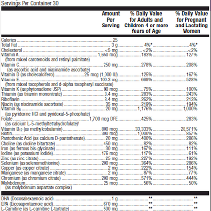 Metagenics Plus One Daily Prenatal 30 packets Supplement Fact 