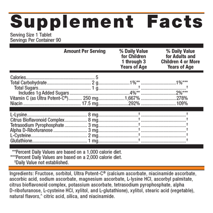 Metagenics Ultra Potent C 250 mg Chewable Orange 90 T Supplement Facts 
