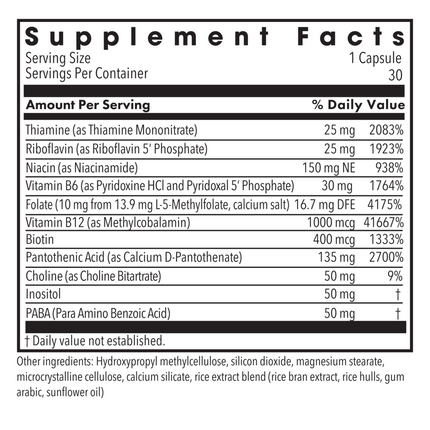 MethylPro B-Complex + 10 mg L-Methylfolate 30 caps Supplement Facts 