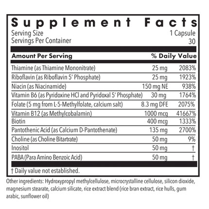 MethylPro B-Complex + 5 mg L-Methylfolate 30 caps Supplement Facts