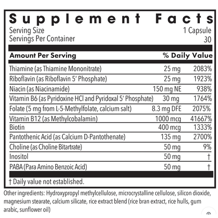 MethylPro B-Complex + 5 mg L-Methylfolate 90 caps Supplement Facts 