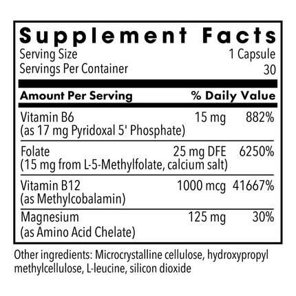 MethylPro L-Methylfolate 15 mg + Cofactors 30 caps Supplement Facts 