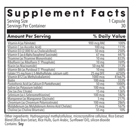 MethylPro Multivit + 15 mg L-Methylfolate 30 caps Supplement Facts