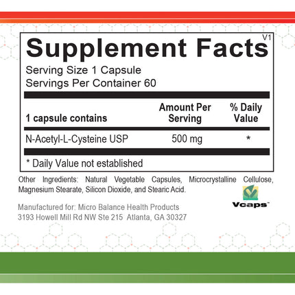 Micro Balance N-Acetyl Cysteine 60 caps Supplement Facts