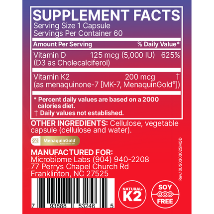 Microbiome Labs Megaquin K2+D3 60 caps Supplement Facts