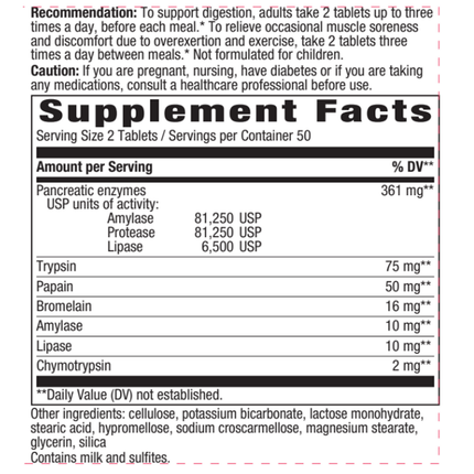 Natures Way Mega-Zyme 100 tabs Supplement Facts