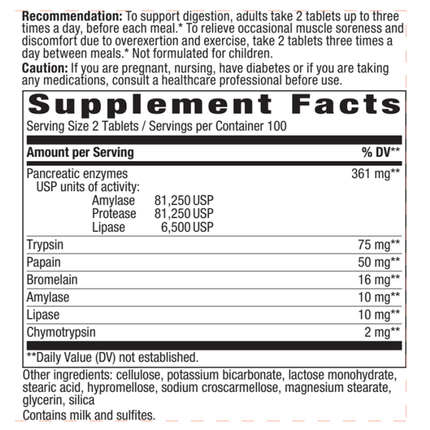 Natures Way Mega-Zyme 200 tabs Supplement Facts 