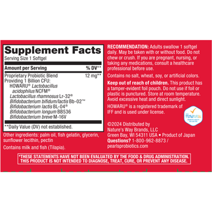 Natures Way Probiotic Pearls Complete 30 softgels Supplement Facts 