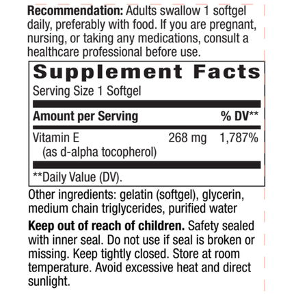 Nature's Way Vitamin E 268 mg 100 gels Supplement Facts 