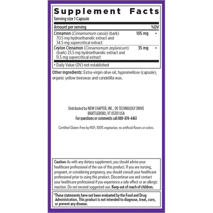 New Chapter Cinnamon Force 60 liquid vegcaps Supplement Facts
