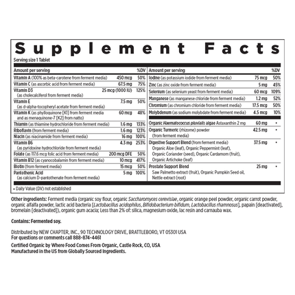New Chapter Every Man's One Daily 55+ 72 veg tabs Supplement Facts
