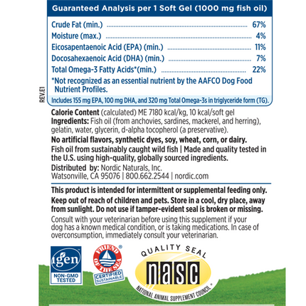Nordic Naturals Omega-3 Pet 180 softgels Supplement Facts 