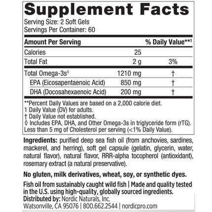 Nordic Naturals ProEPA (Lemon Flavor) 120 gels Supplement Facts 