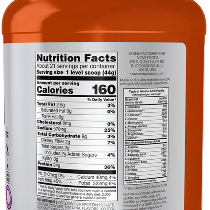 Now Pea Protein Chocolate 907 grams Supplement Facts 
