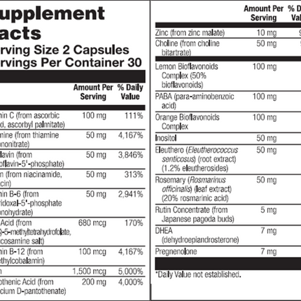 Nutra BioGenesis Adrenal Support Plus 60 vegcaps Supplement Facts 
