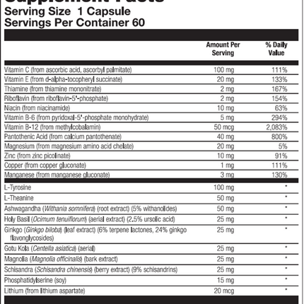 Nutra BioGenesis AdrenoActive 60 vegcaps Supplement Facts 