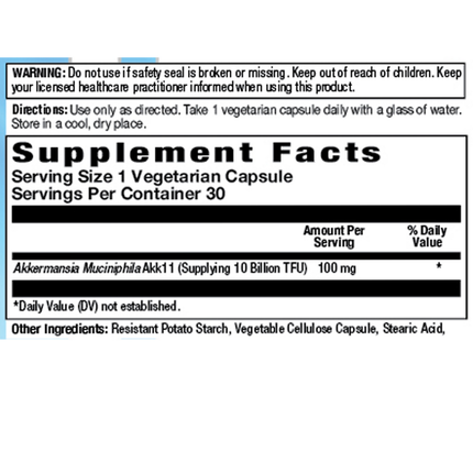 Nutra BioGenesis Akkermansia Postbiotic 30 caps Supplement Facts 