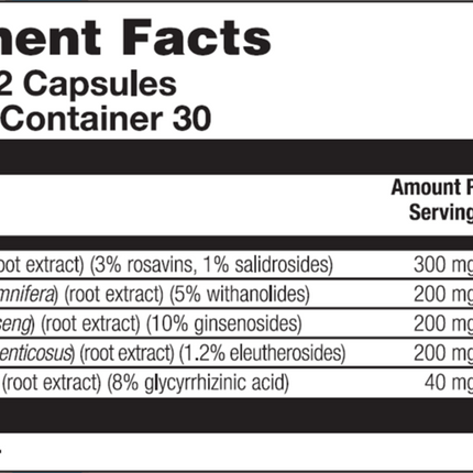 Nutra BioGenesis BioAdaptogen Ultra 60 vcaps Supplement Facts 