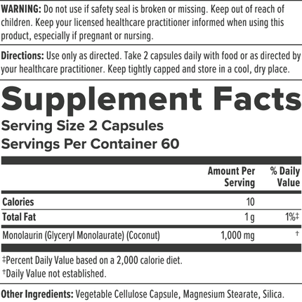 Nutra BioGenesis Monolaurin 120 caps Supplement Facts 