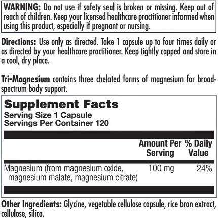 Nutra BioGenesis Tri-Magnesium 120 caps Supplement Facts 