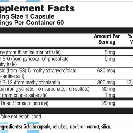 Nutra BioGenesis Ultra Hematinic 60 caps Supplement Facts 