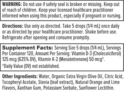 Nutra BioGenesis Vitamin D3-K2 Emulsion 1 fl oz Supplement Facts 