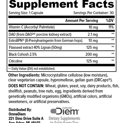 Omne Diem Menopause Complete 30 caps Supplement Facts 