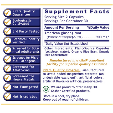Premier Research Labs Premier American Ginseng 60 caps Supplement Facts