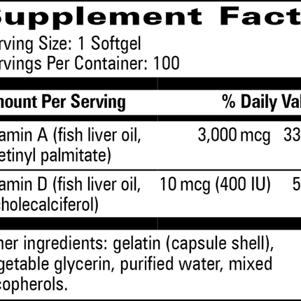 Progressive Labs	A & D Natural 100 softgels Supplement Facts 