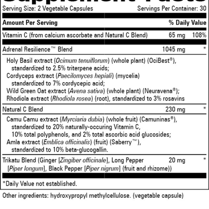 Progressive Labs Adrenal Resilience 60 vegcaps Supplement Facts 