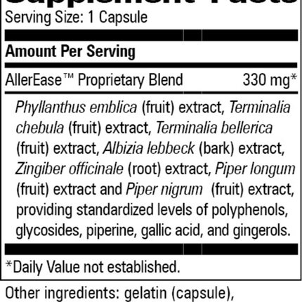 Progressive Labs AllerEase 60 caps Supplement Facts 
