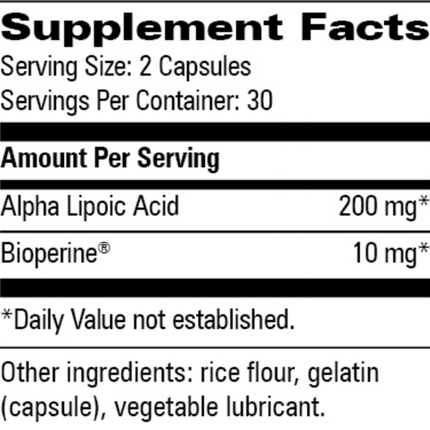Progressive Labs Alpha Lipoic Acid 60 caps Supplement Facts 