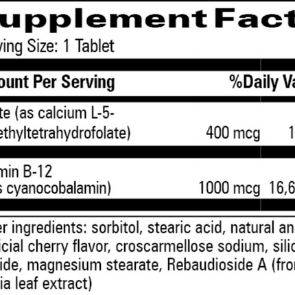 Progressive Labs B-12 1000 mcg 60 tabs Supplement Facts 