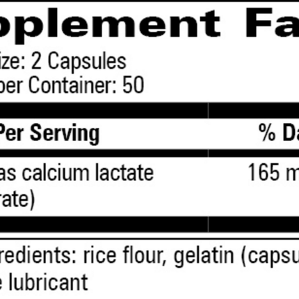 Progressive Labs Calcium Lactate 115 mg 100 caps Supplement Facts 