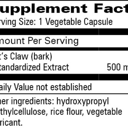 Progressive Labs Cat's Claw 60 vegetable caps Supplement Facts 