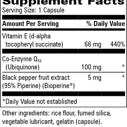 Progressive Labs CoQ10 100 mg Plus E 60 caps Supplement Facts