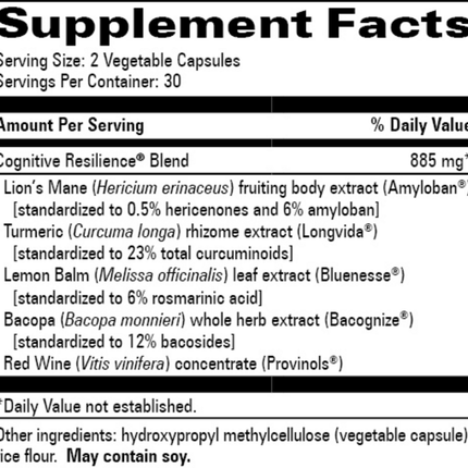 Progressive Labs Cognitive Resilience 60 vegcaps Supplement Facts 