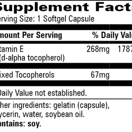 Progressive Labs E-400 w/Mixed Tocopherols 90 softgels Supplement Facts 