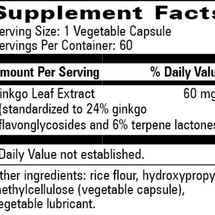 Progressive Labs Ginkgo Biloba 60 60 vegcaps Supplement Facts 