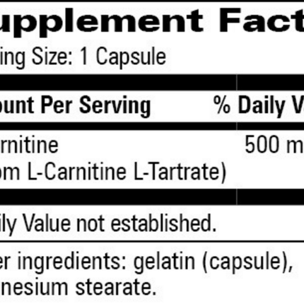 Progressive Labs L-Carnitine 500 60 caps Supplement Facts 
