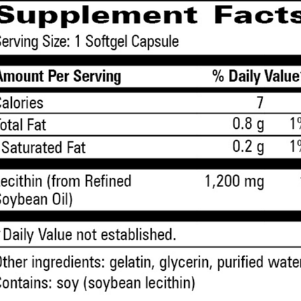 Progressive Labs Lecithin 1200 mg 100 gels Supplement Facts 