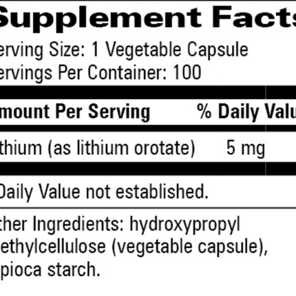 Progressive Labs Lithium Orotate 5mg 100 vegcaps Supplement Facts 